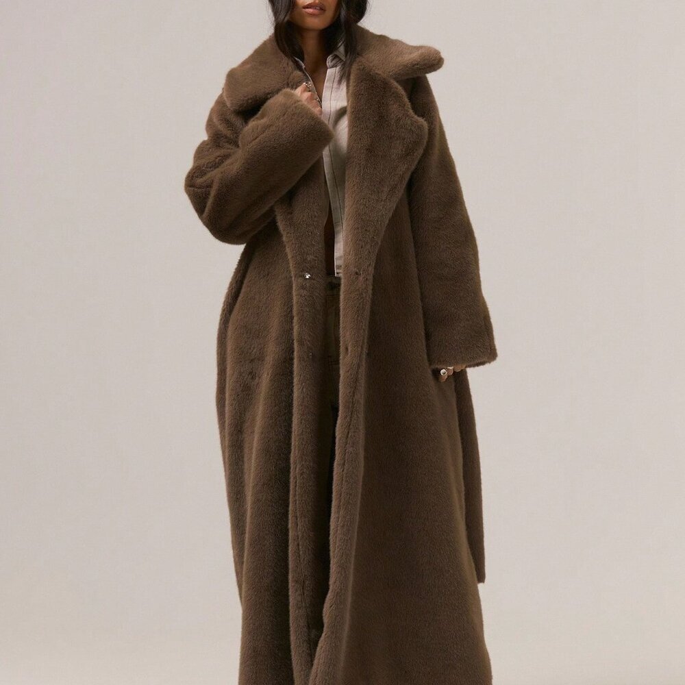 Coffee Brown Women's Elegant Oversized Loose Fit Belted Fuzzy Fur Maxi Coat - Picture 4 of 6